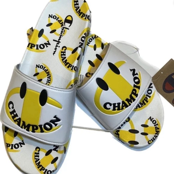 Champion Slides Shoes Mens‎ Size 12 White Yellow Happy Face Summer Sandals NEW main image 4